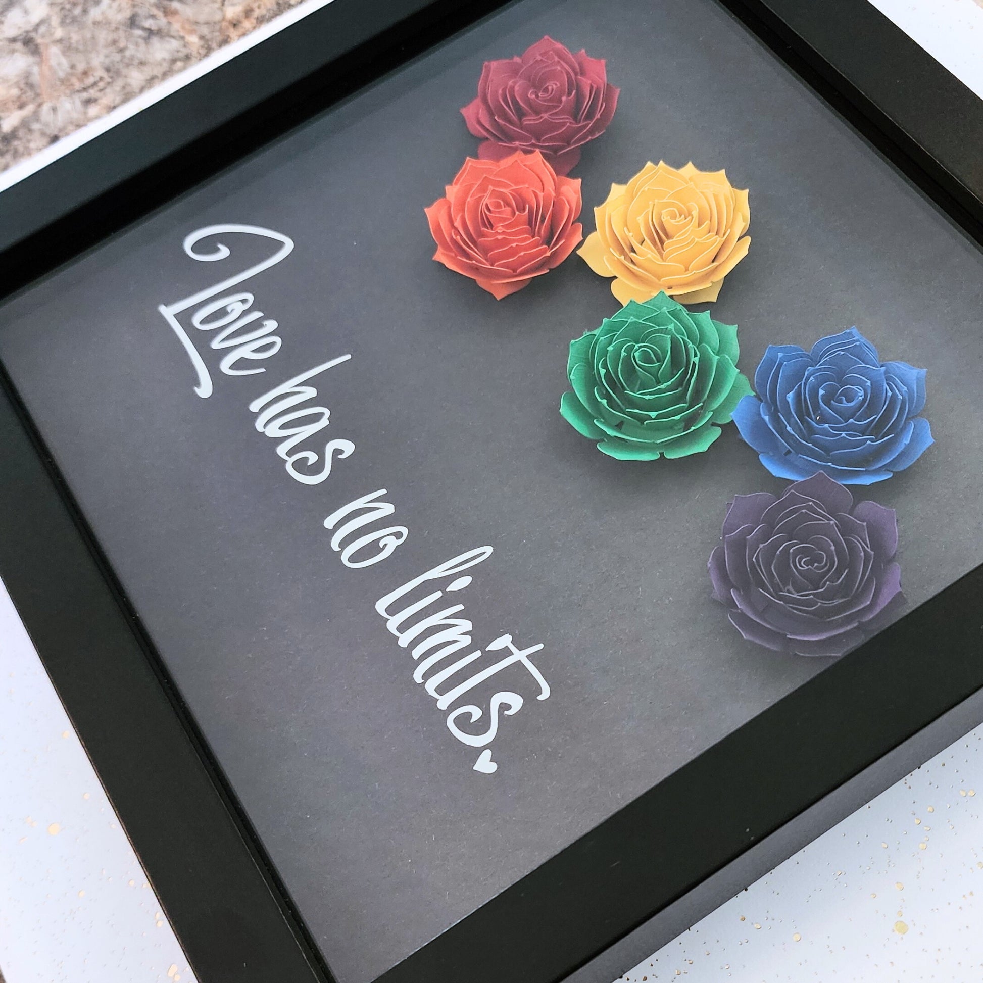 Framed shadow box artwork with rainbow-colored paper roses and 'Love has no limits' white vinyl text on a black background.
